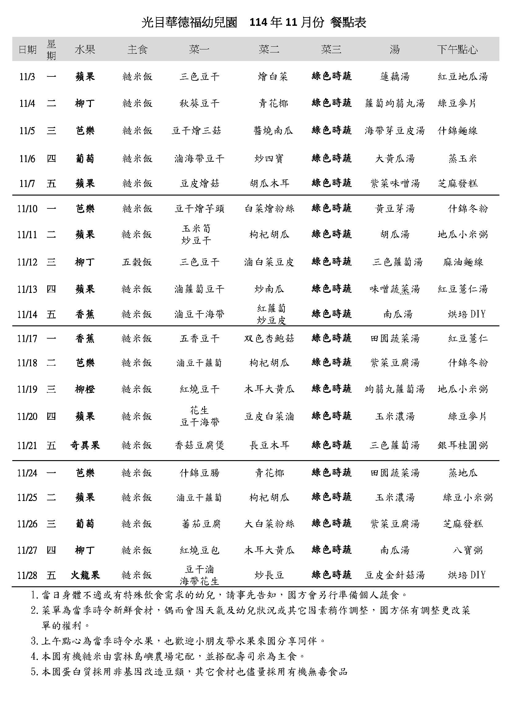114年11月份餐點表