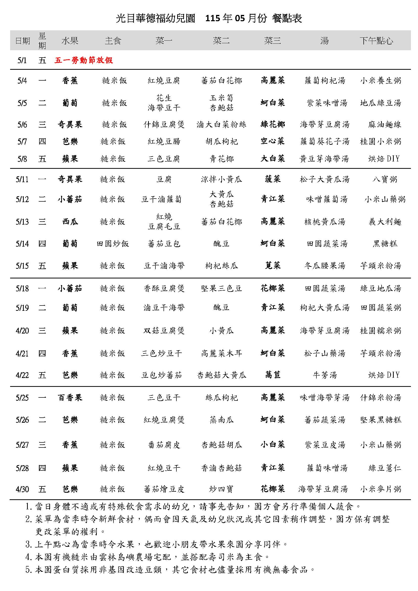 115年05月份餐點表